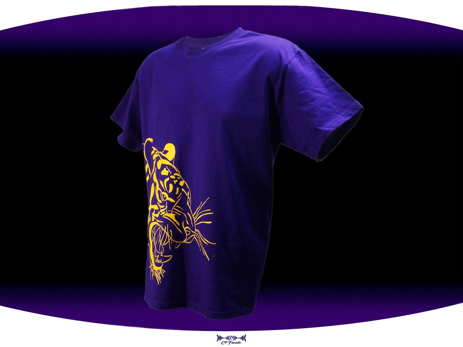 Purple screenprinted  LSU t-shirt with a gold outline of a tiger face